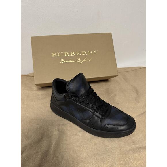 Burberry Shoes Mens Size 43 Black Blue Check Leather Sneakers Made in Italy - Picture 1 of 16